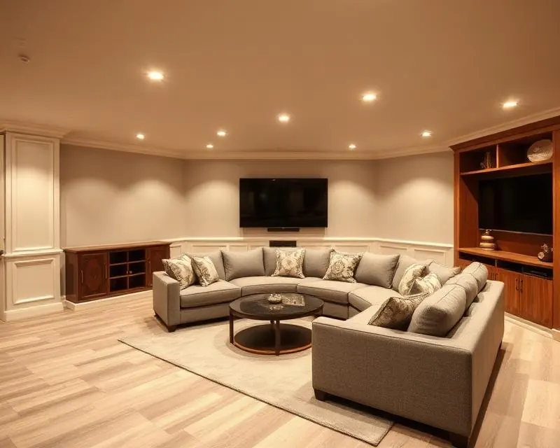Finished basement with entertainment area and modern lighting
